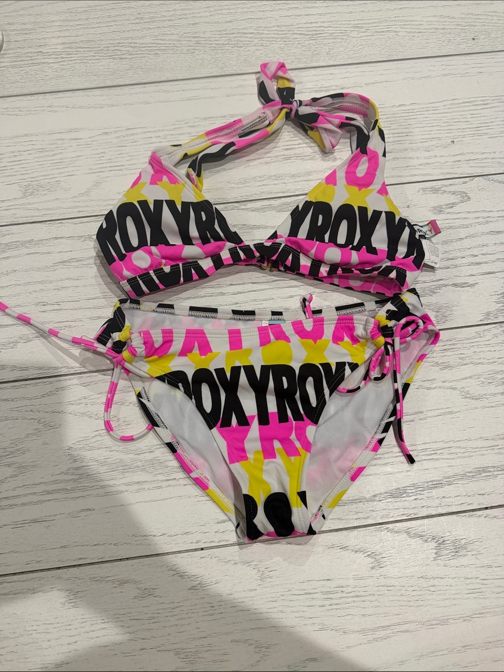 Roxy Girls' Pink, Yellow & Black Logo Two-Piece Bikini